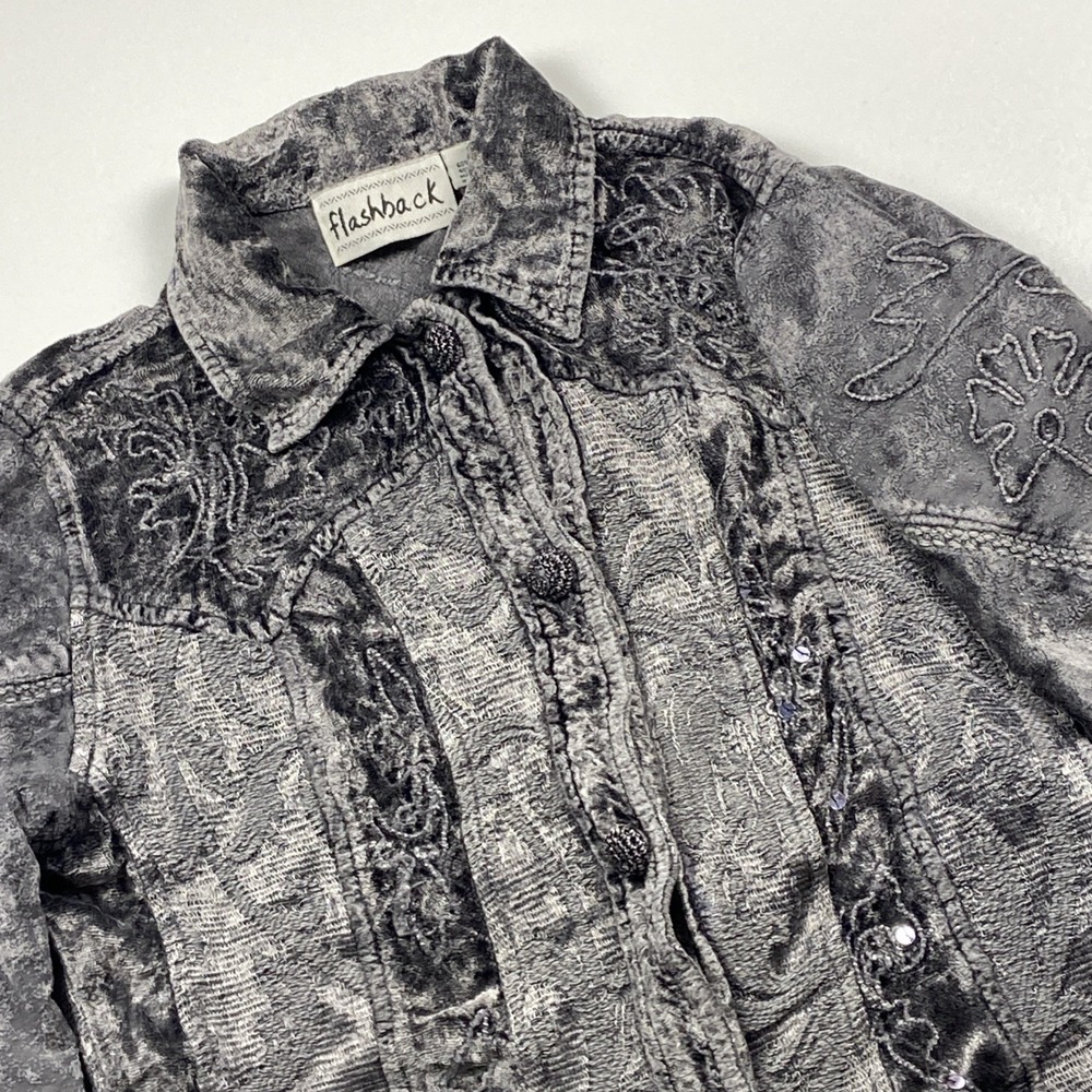 Vtg Flashback Velvet Chenille Jacket Size M Gray Sequin Crochet Soft Layering